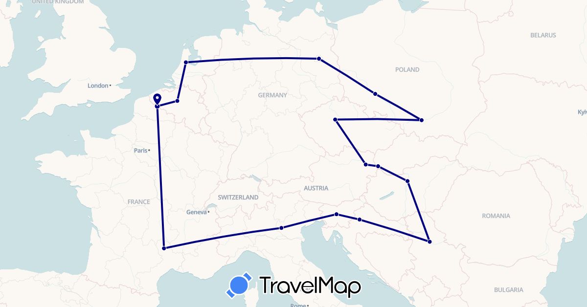 TravelMap itinerary: driving in Austria, Belgium, Czech Republic, Germany, France, Croatia, Hungary, Italy, Netherlands, Poland, Serbia, Slovenia, Slovakia (Europe)